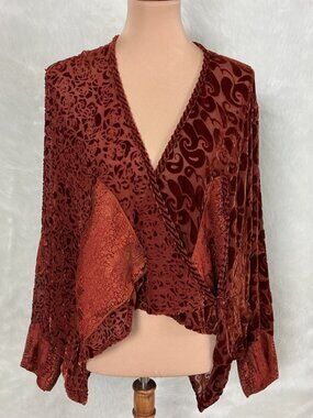 URU Orange Silk Velvet Burnout Boho Lightweight Summer Wrap Jacket One Size